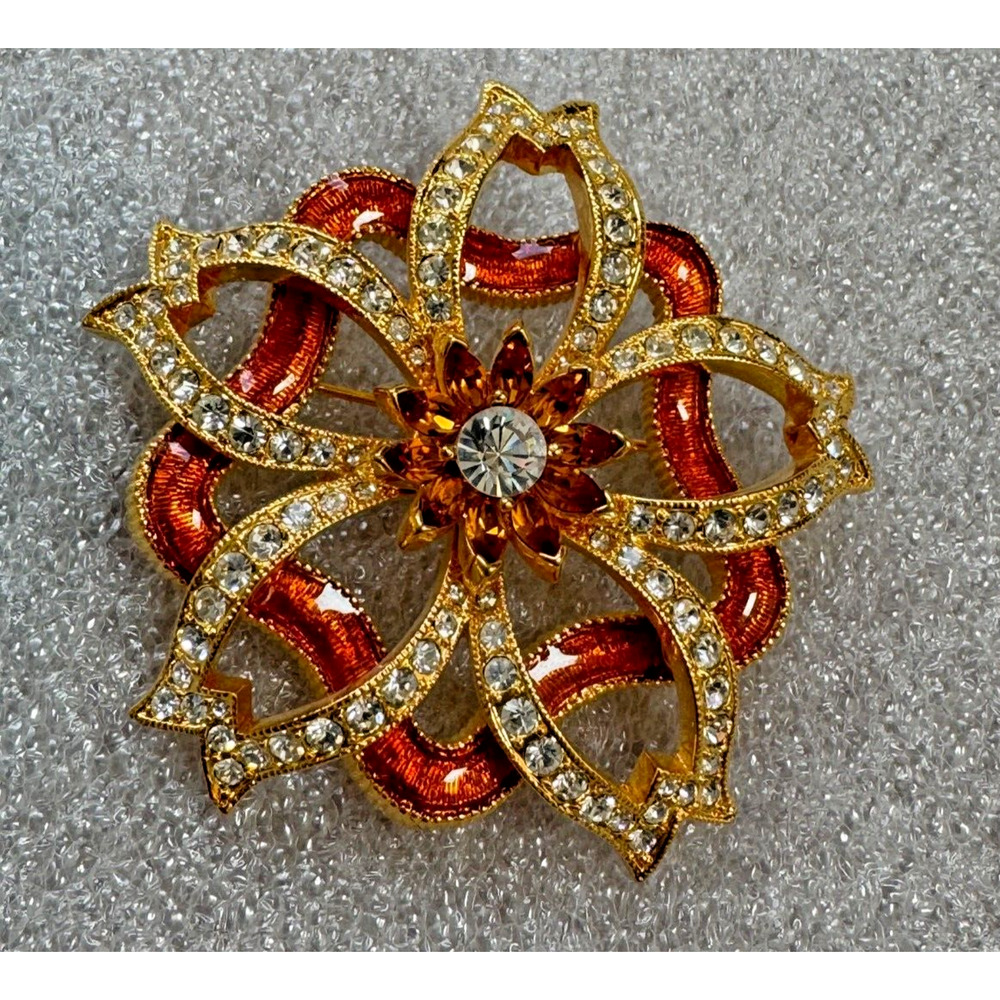 Nolan Miller Orange Enamel & Crystal Floral Flower Pin Brooch Gold Tone 2.5"